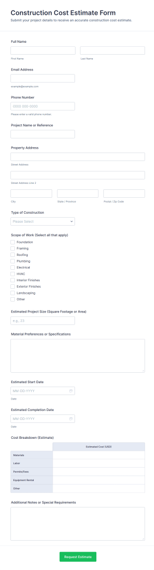 Construction Cost Estimate Form Template