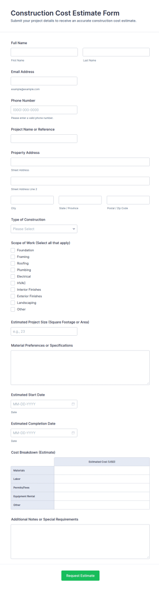 Construction Cost Estimate Form Template