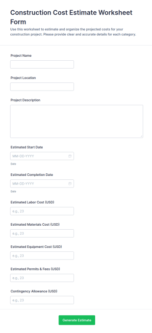 Construction Cost Estimate Worksheet Form Template