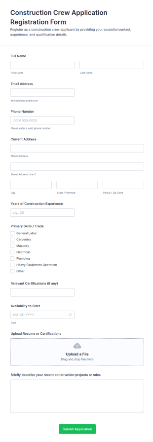 Construction Crew Application Registration Form Template