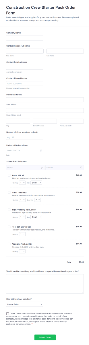 Construction Crew Starter Pack Order Form Template