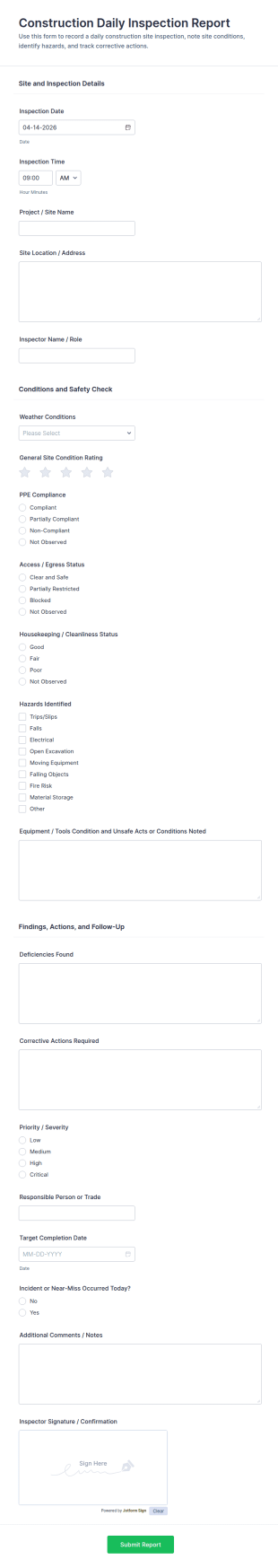 Construction Daily Inspection Report Form Template