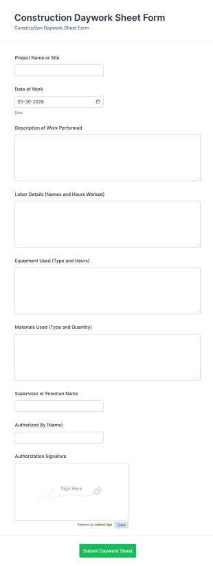 Construction Daywork Sheet Form Template