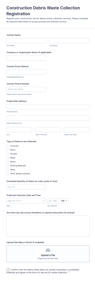 Construction Debris Waste Collection Registration Form Template