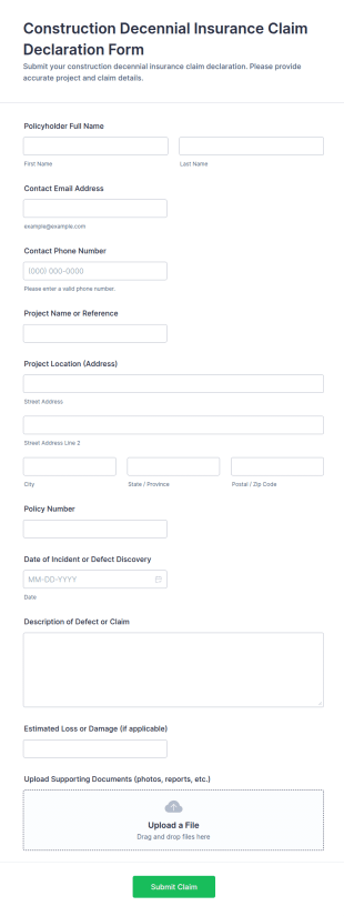 Construction Decennial Insurance Claim Declaration Form Template