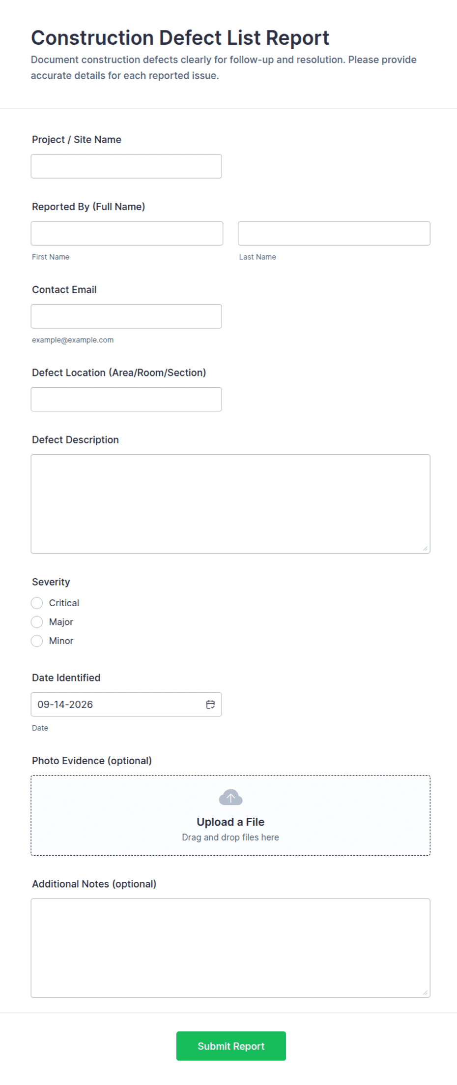 Construction Defect List Report Form Template | Jotform