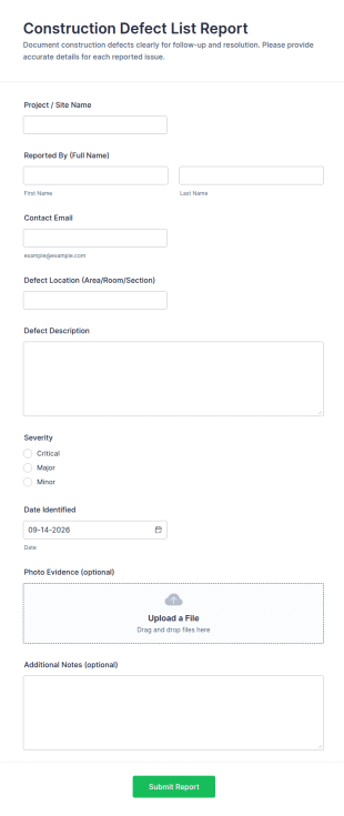 Construction Defect List Report Form Template