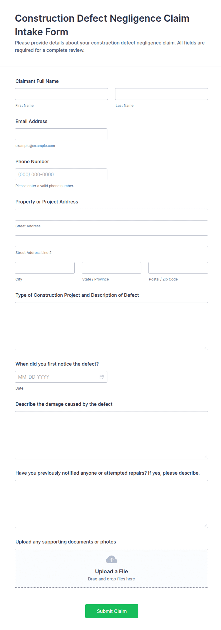 Construction Defect Negligence Claim Intake Form Template | Jotform