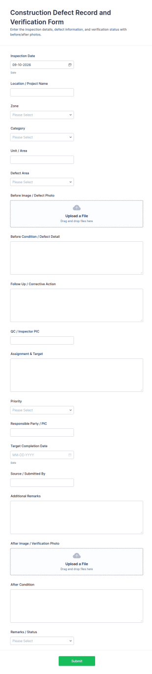Construction Defect Record And Verification Form Template