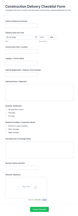 Construction Delivery Checklist Form Template