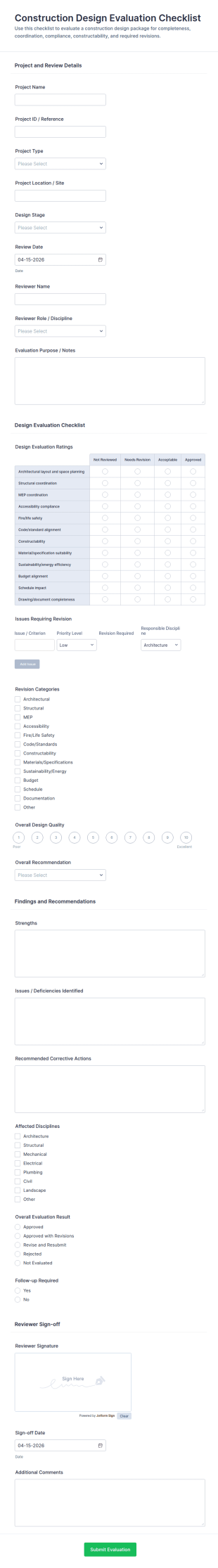 Construction Design Evaluation Checklist Form Template