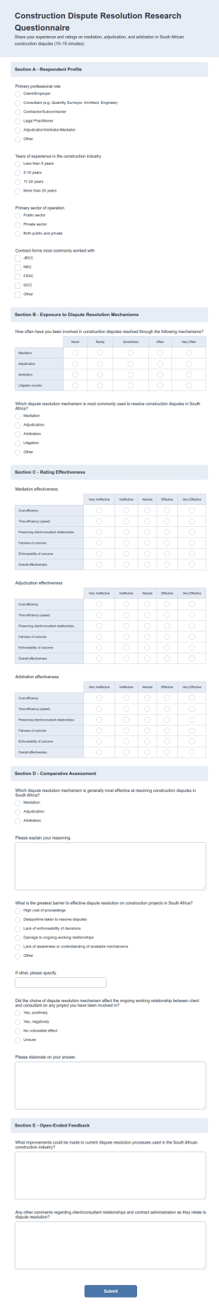 Construction Dispute Resolution Research Questionnaire Form Template