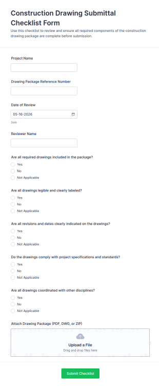Construction Drawing Submittal Checklist Form Template