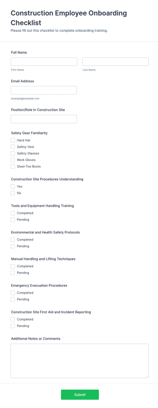 Construction Employee Onboarding Checklist Form Template