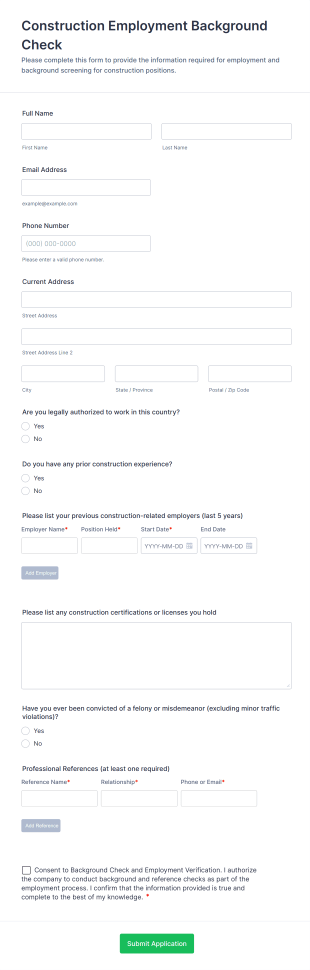 Construction Employment Background Check Form Template