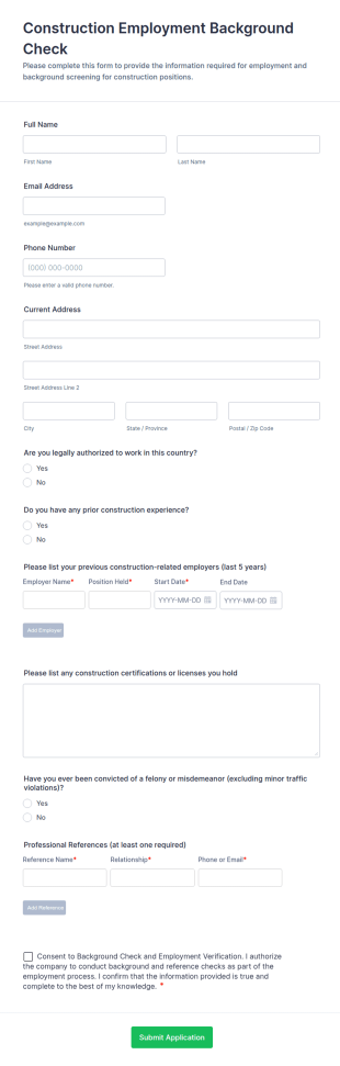 Construction Employment Background Check Form Template