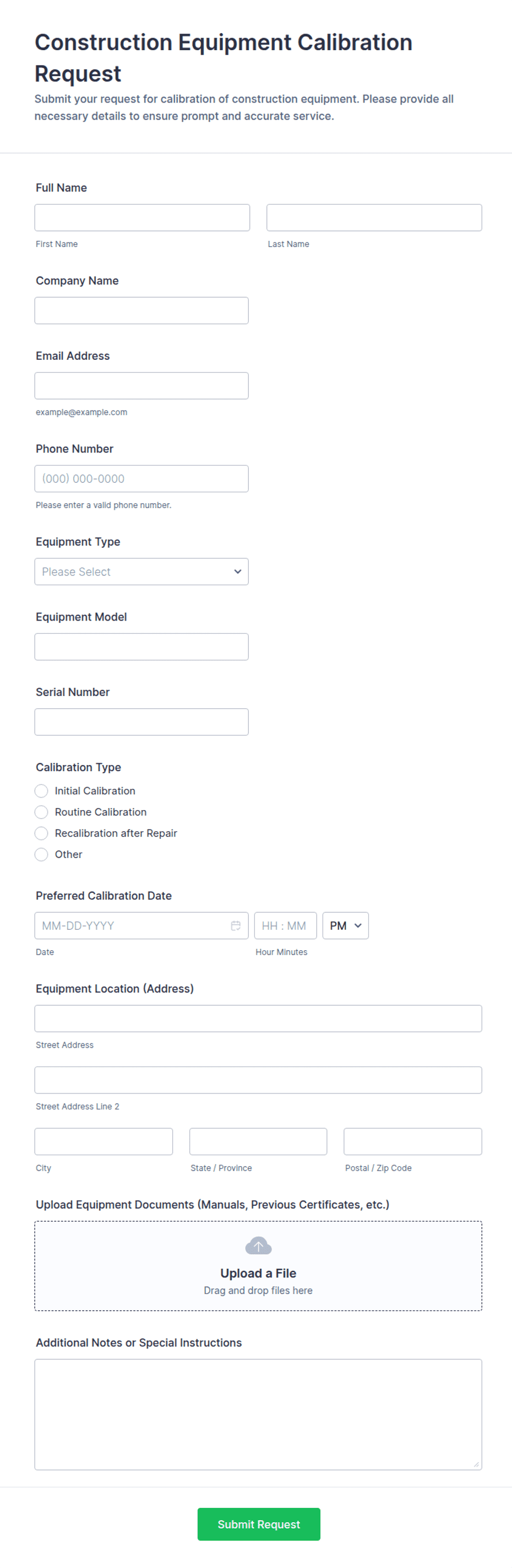 Construction Equipment Calibration Request Form Template | Jotform