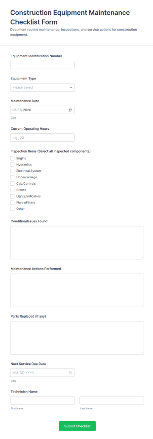 Construction Equipment Maintenance Checklist Form Template