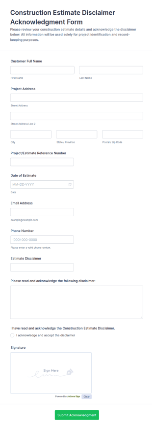 Construction Estimate Disclaimer Acknowledgment Form Template