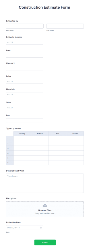 Construction Estimate Form Template