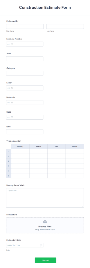 Construction Estimate Form Template