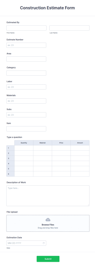 Construction Estimate Form Template