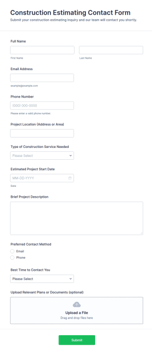Construction Estimating Contact Form Template