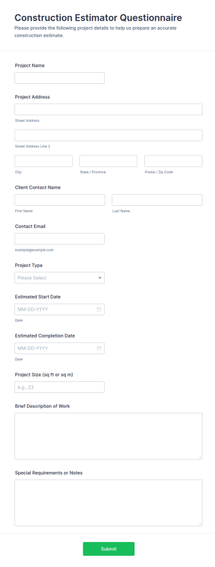 Construction Estimator Questionnaire Form Template