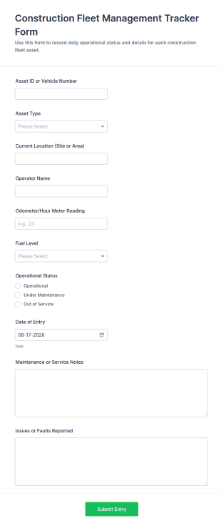 Construction Fleet Management Tracker Form Template