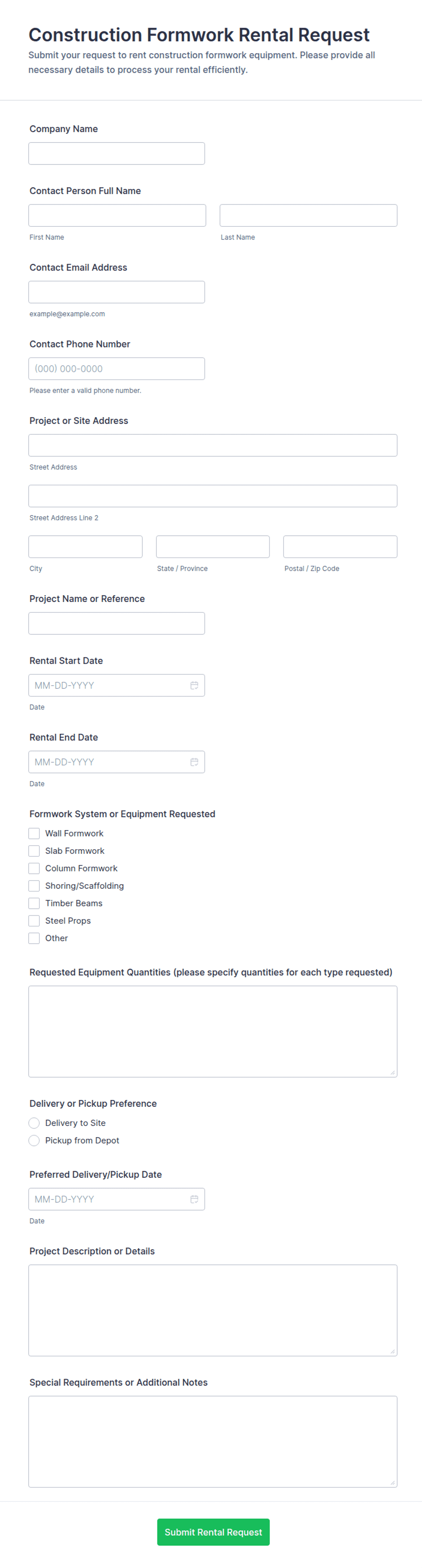 Construction Formwork Rental Form Template | Jotform
