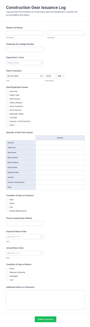 Construction Gear Issuance Log Form Template