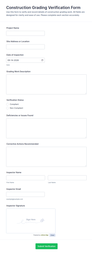 Construction Grading Verification Form Template