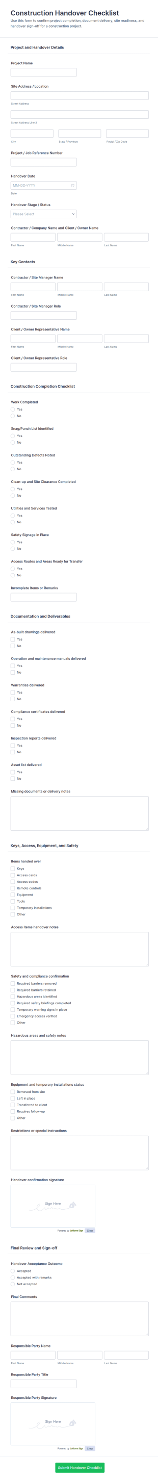 Construction Handover Checklist Form Template