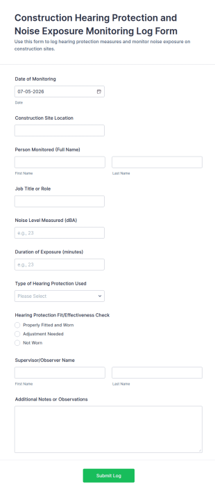 Construction Hearing Protection And Noise Exposure Monitoring Log Form Template