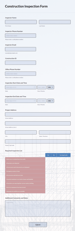Construction Inspection Form Template