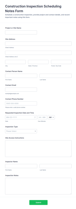 Construction Inspection Scheduling Notes Form Template