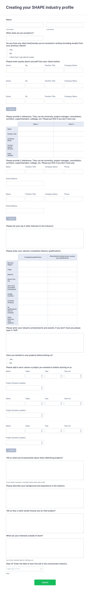 Construction Job Application Form Template