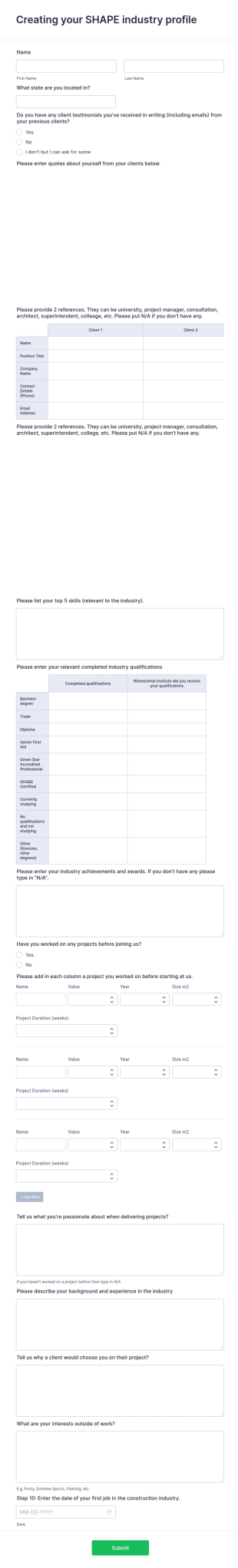 Construction Job Application Form Template