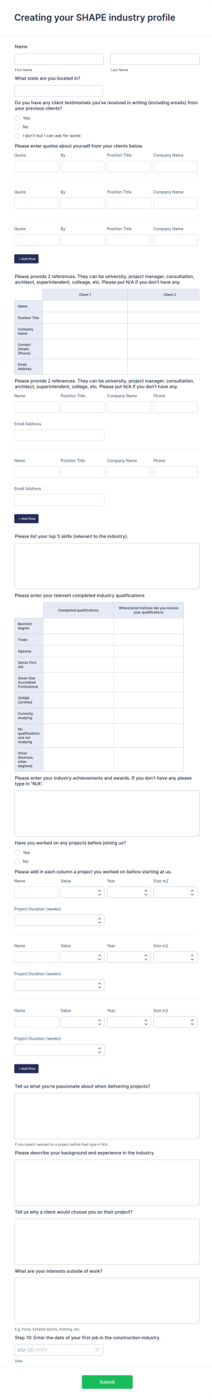 Construction Job Application Form Template