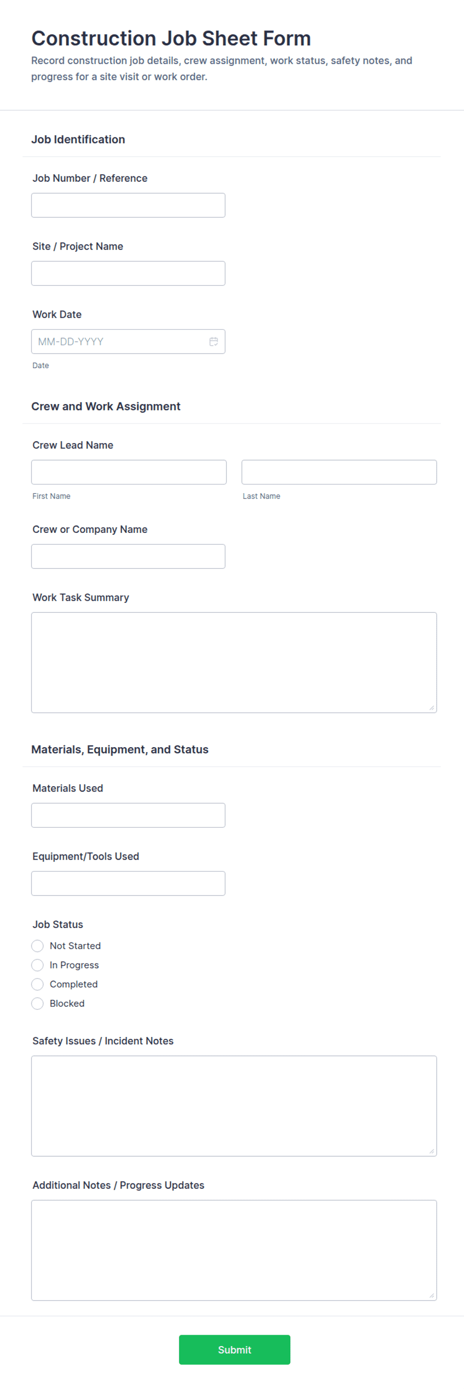 Construction Job Sheet Form Template | Jotform