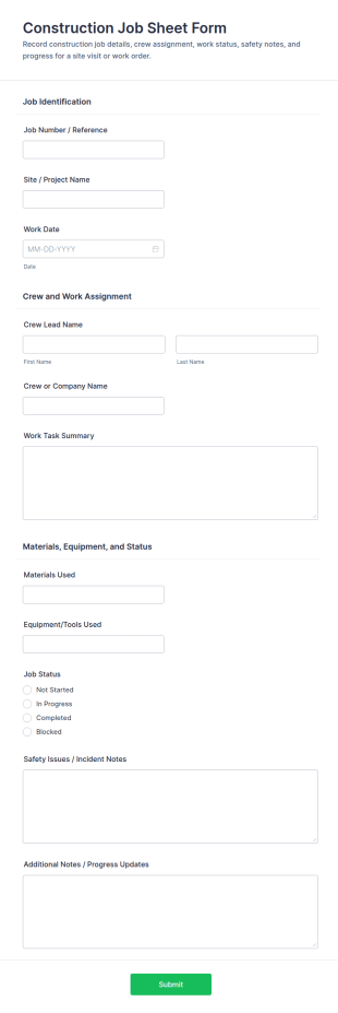 Construction Job Sheet Form Template