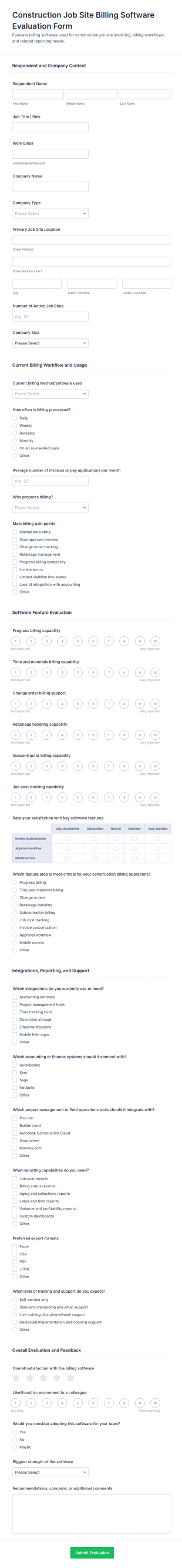 Construction Job Site Billing Software Evaluation Form Template