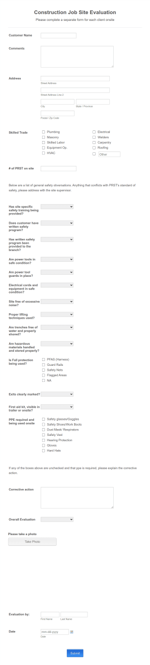 Construction Job Site Evaluation Form Template