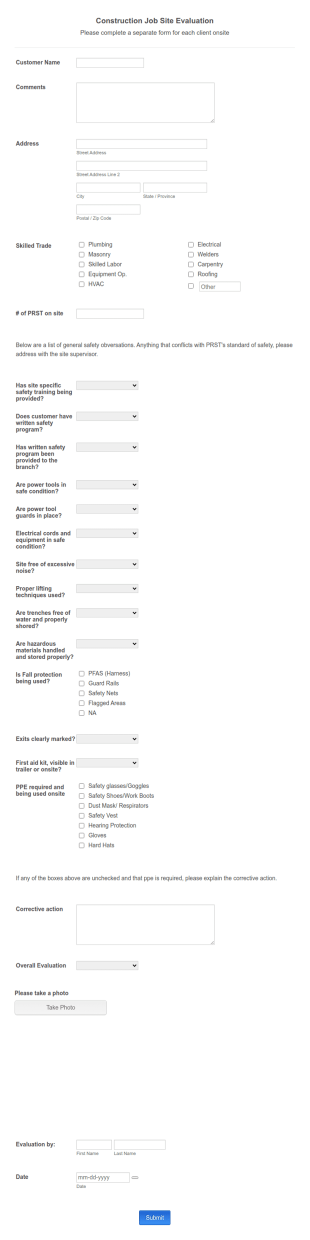 Construction Job Site Evaluation Form Template