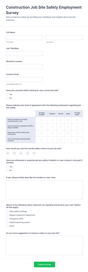 Construction Job Site Safety Employment Survey Form Template