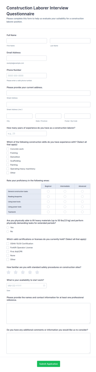 Construction Laborer Interview Questionnaire Form Template