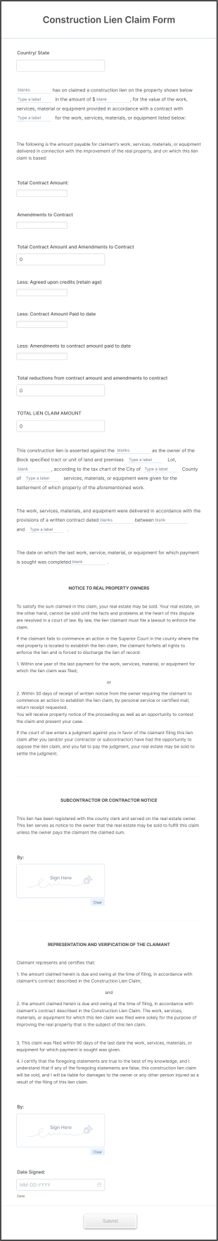 Construction Lien Form Template