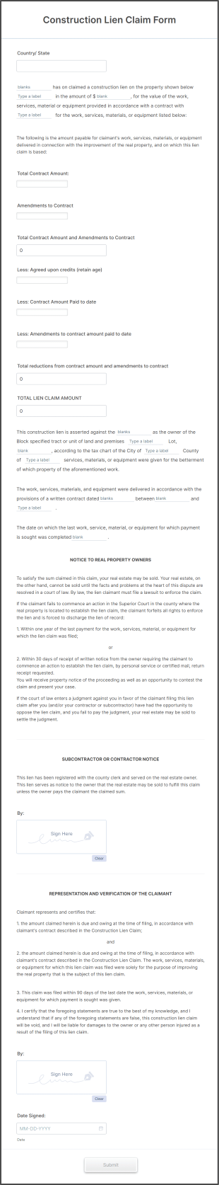 Construction Lien Form Template