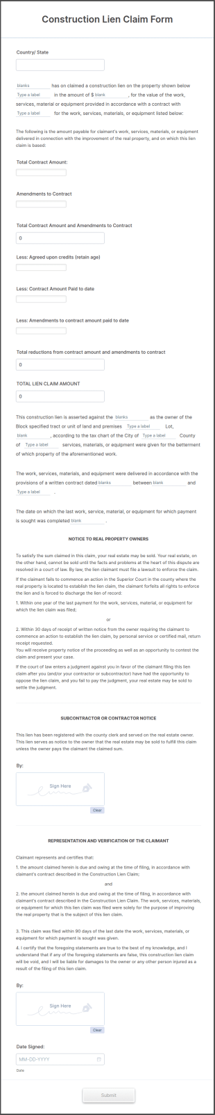 Construction Lien Form Template