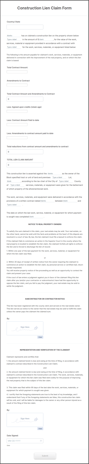 Construction Lien Form Template